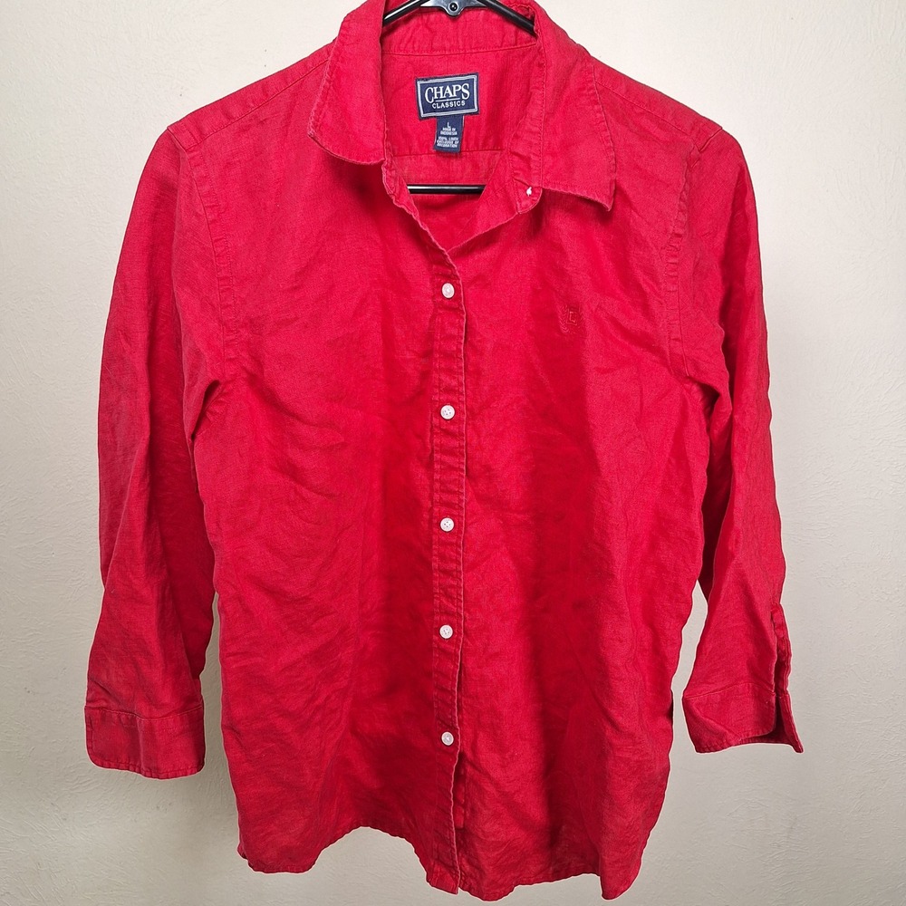 Chaps Ralph Lauren Red 100% Linen Top Womens Large Button Up Shirt